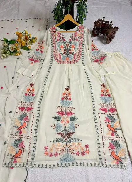 Tew Faux Georgette Embroidery Work Kurti With Plazzo Dupatta Suppliers In India
